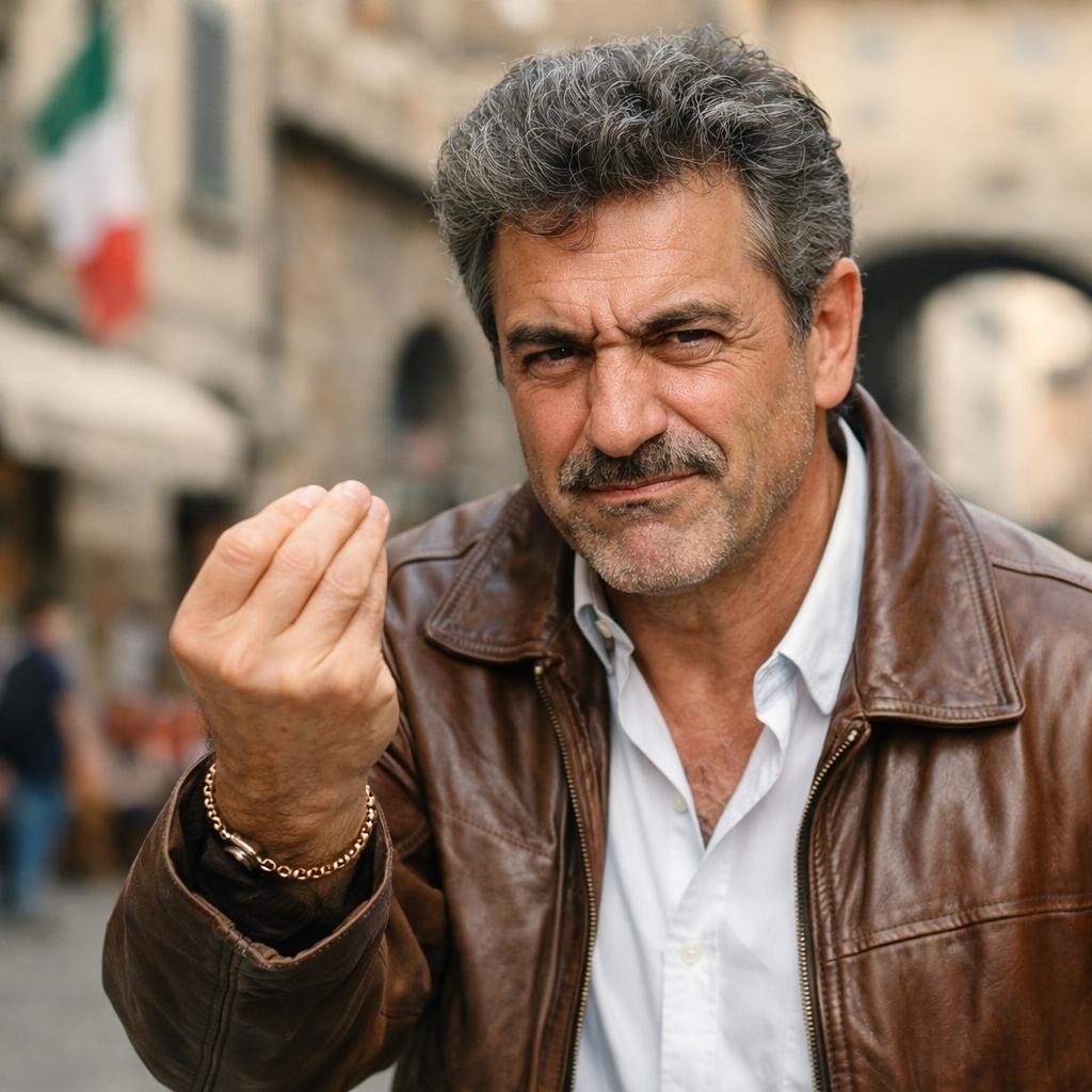Man making Italian hand gesture with fingers pinched together, looking frustrated