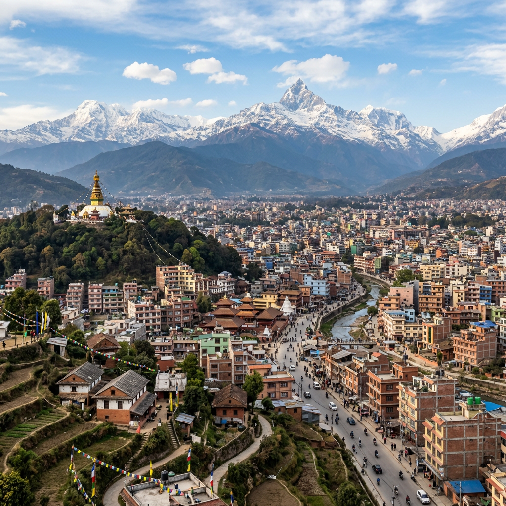 Kathmandu cityscape featuring a stupa on a hill and snowy Himalayan mountains behind