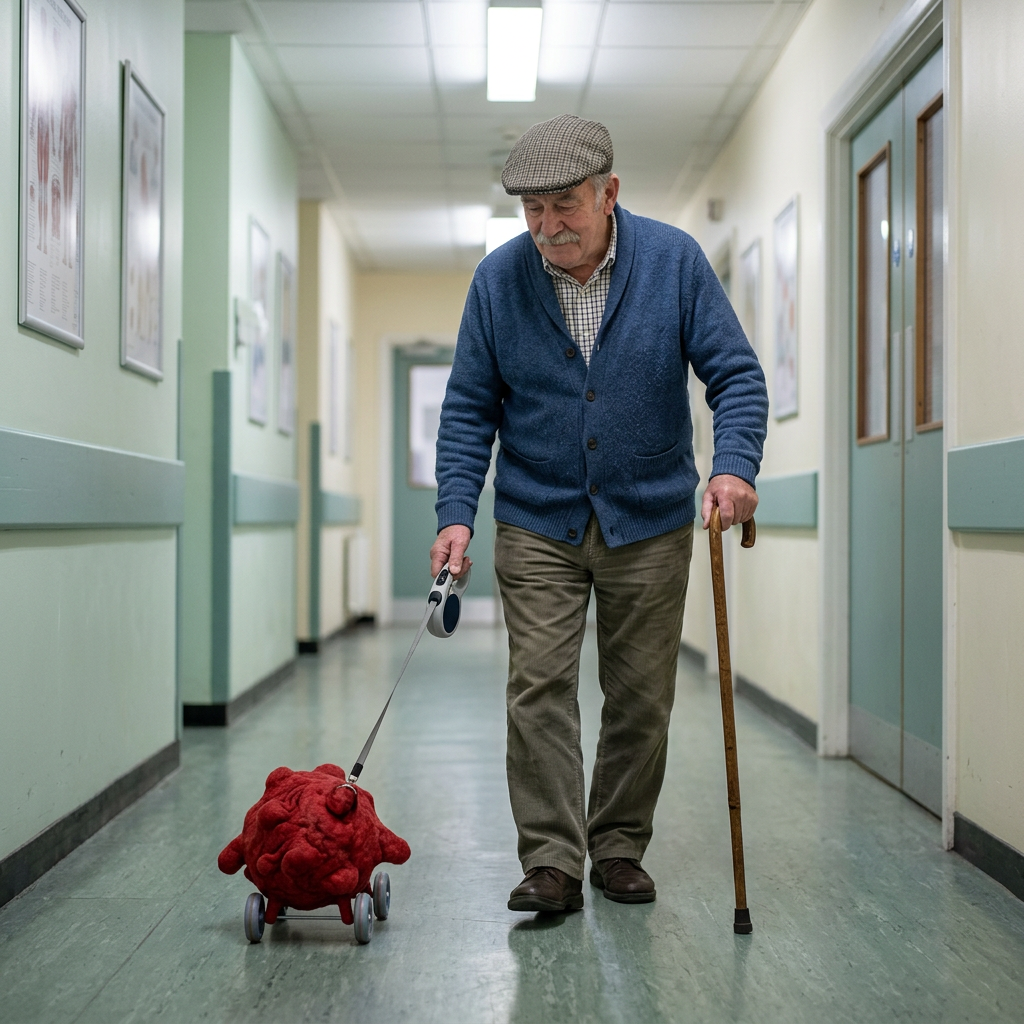 Elderly man using cane, pulling a red plush heart on wheels in hallway