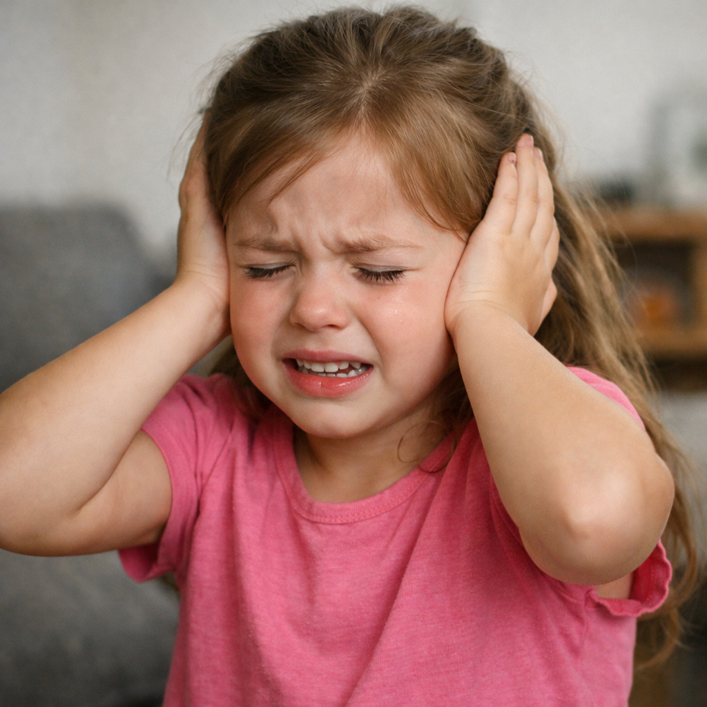 Young girl in pink shirt crying and covering her ears with hands