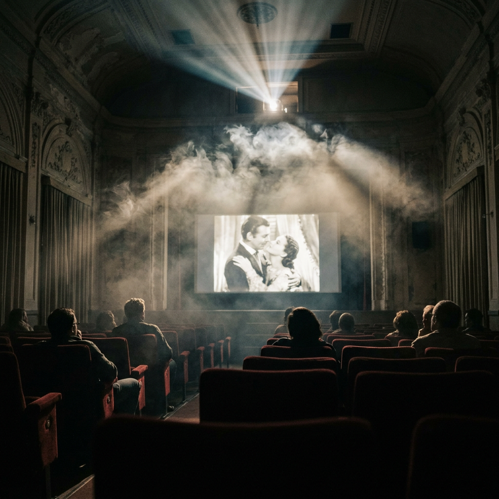 People seated in a vintage theater watching a black-and-white romantic film with smoke and light beams