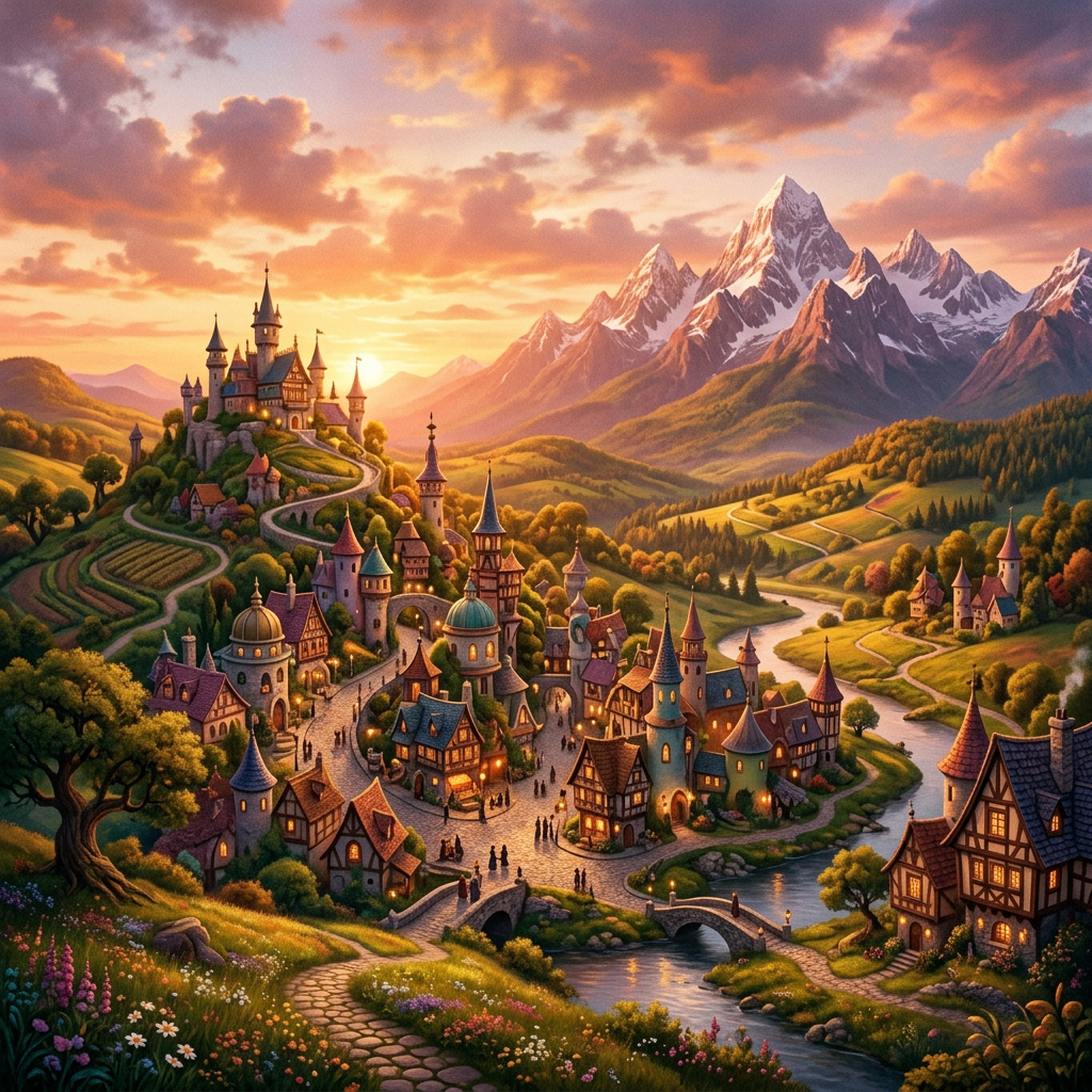 Medieval village with castle, river, and mountains at sunset