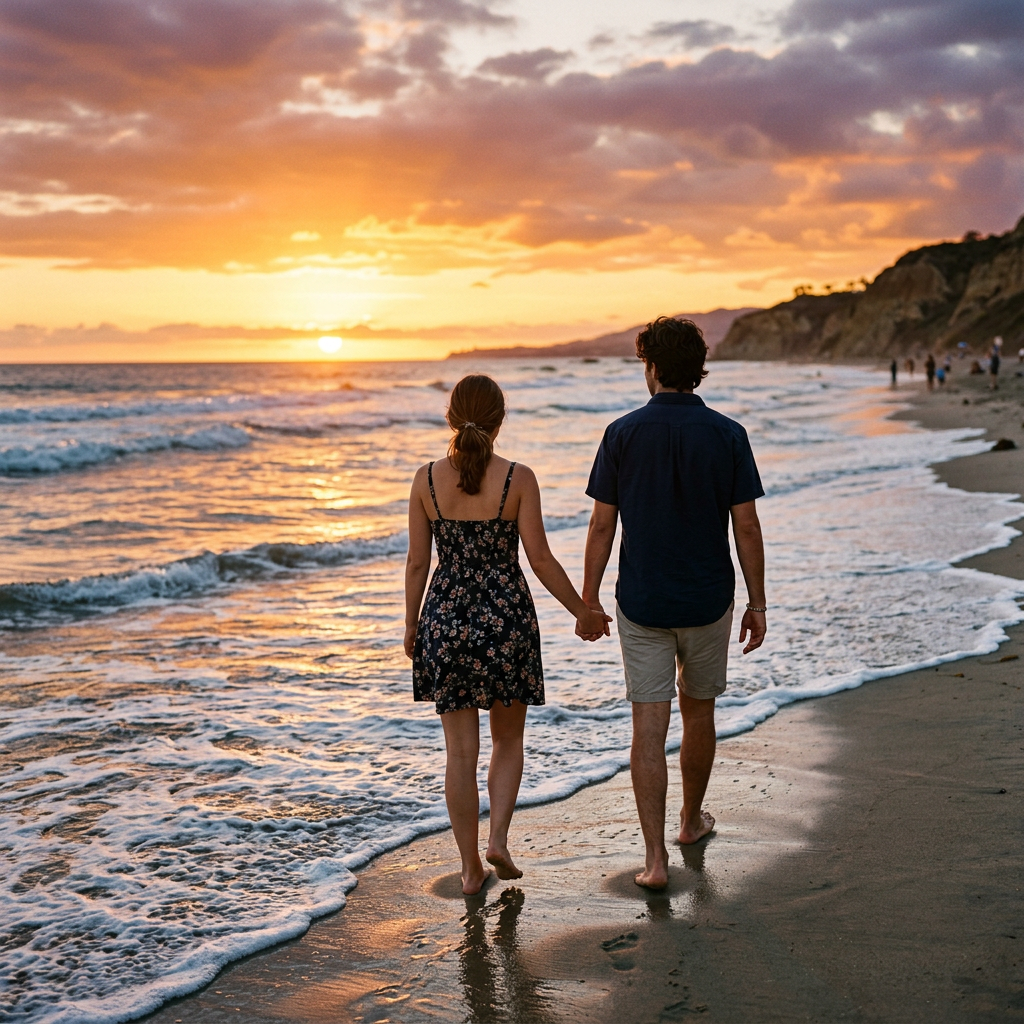 Couple holding hands walking barefoot on sandy beach with ocean waves at sunset