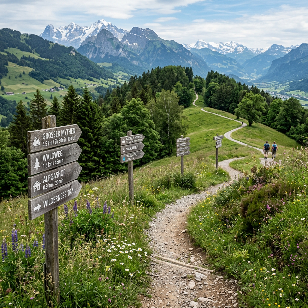 Winding mountain trail with wooden hiking direction signs and two hikers
