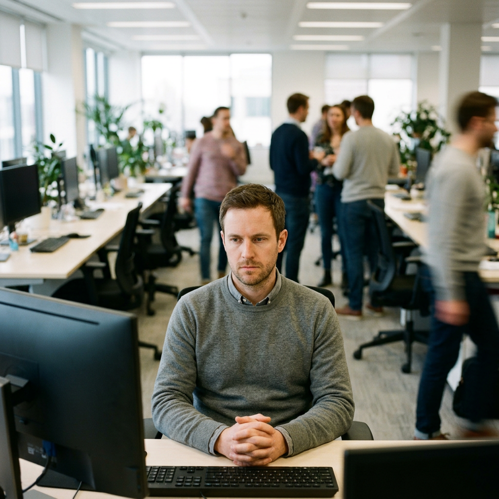 Man sitting at desk looking focused with coworkers standing and walking behind