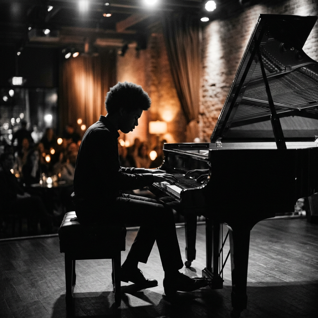 Man playing grand piano on stage in intimate dimly lit venue with audience