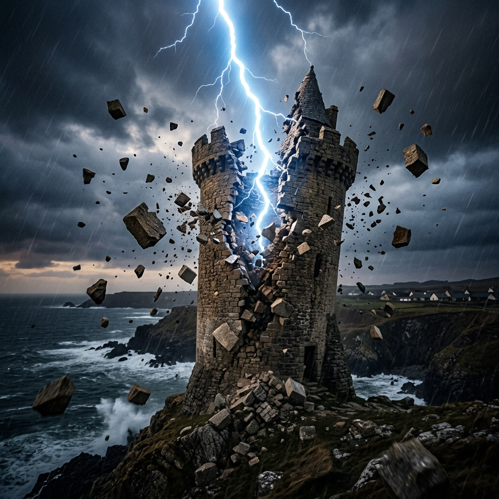 Stone tower on rocky coast split by lightning with flying debris