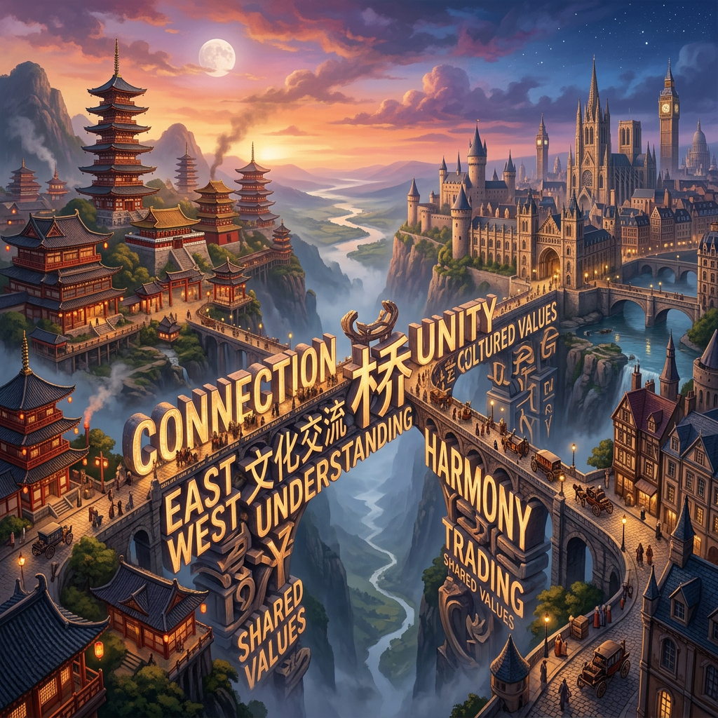Bridge connecting traditional East Asian pagodas with Western castles and cathedrals, featuring words like connection, unity, harmony, and shared values