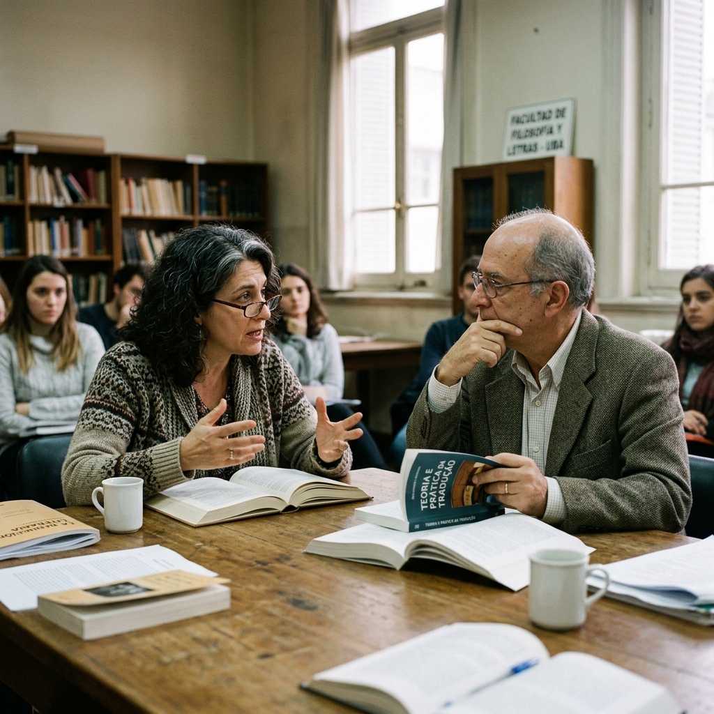 Two professors discussing academic books in a university classroom with students
