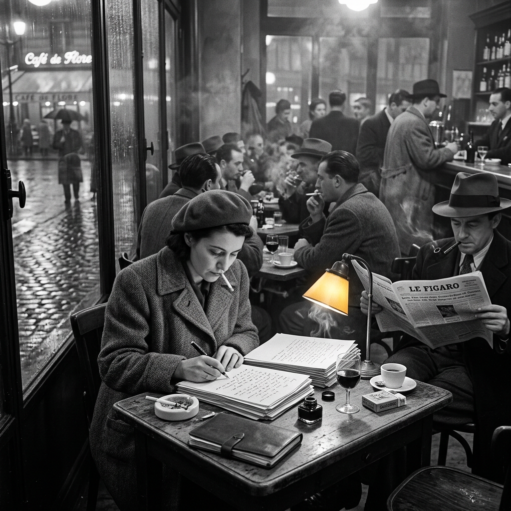 Woman writing at a café table with cigarette and man reading newspaper