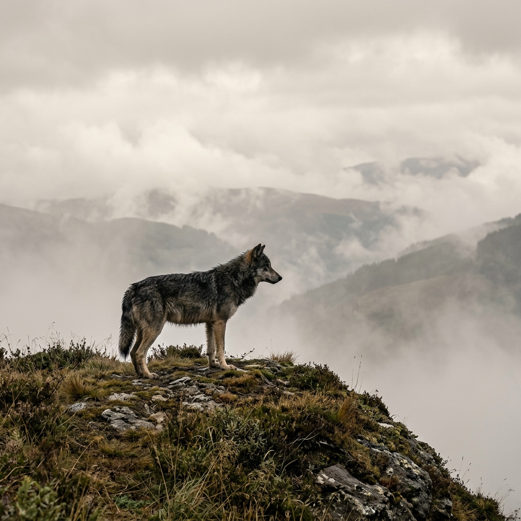 Wolf standing on rock outcrop overlooking foggy mountainous terrain
