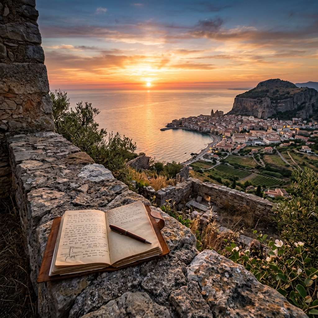 Open journal with handwritten notes on stone wall overlooking coastal town and sea at sunset