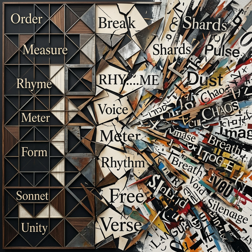 Grid of poetic terms shattering into scattered fragmented words and letters representing chaos