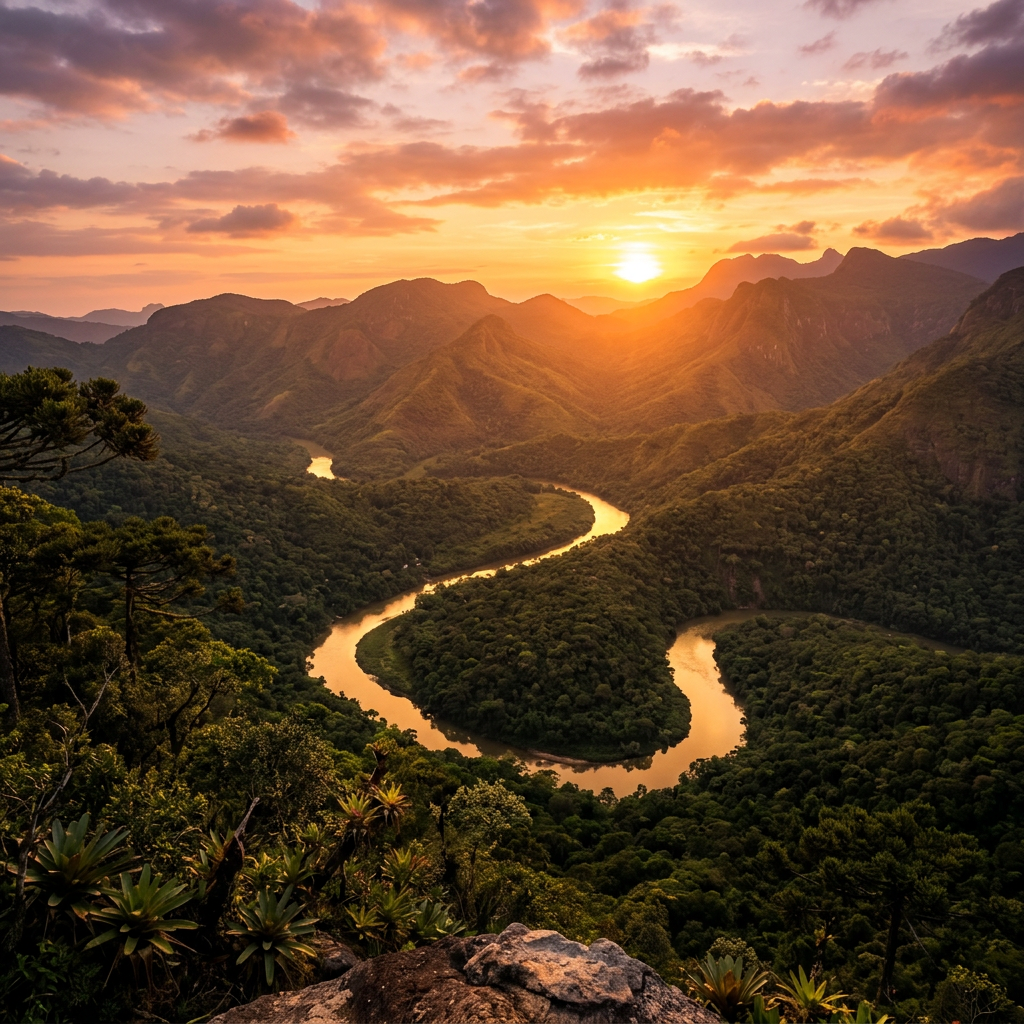 A winding river running through a forested valley with mountains at sunset