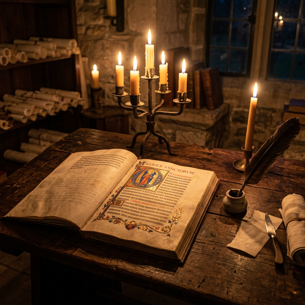 Open illuminated manuscript on wooden table with candlelight, quill, and parchment rolls in background