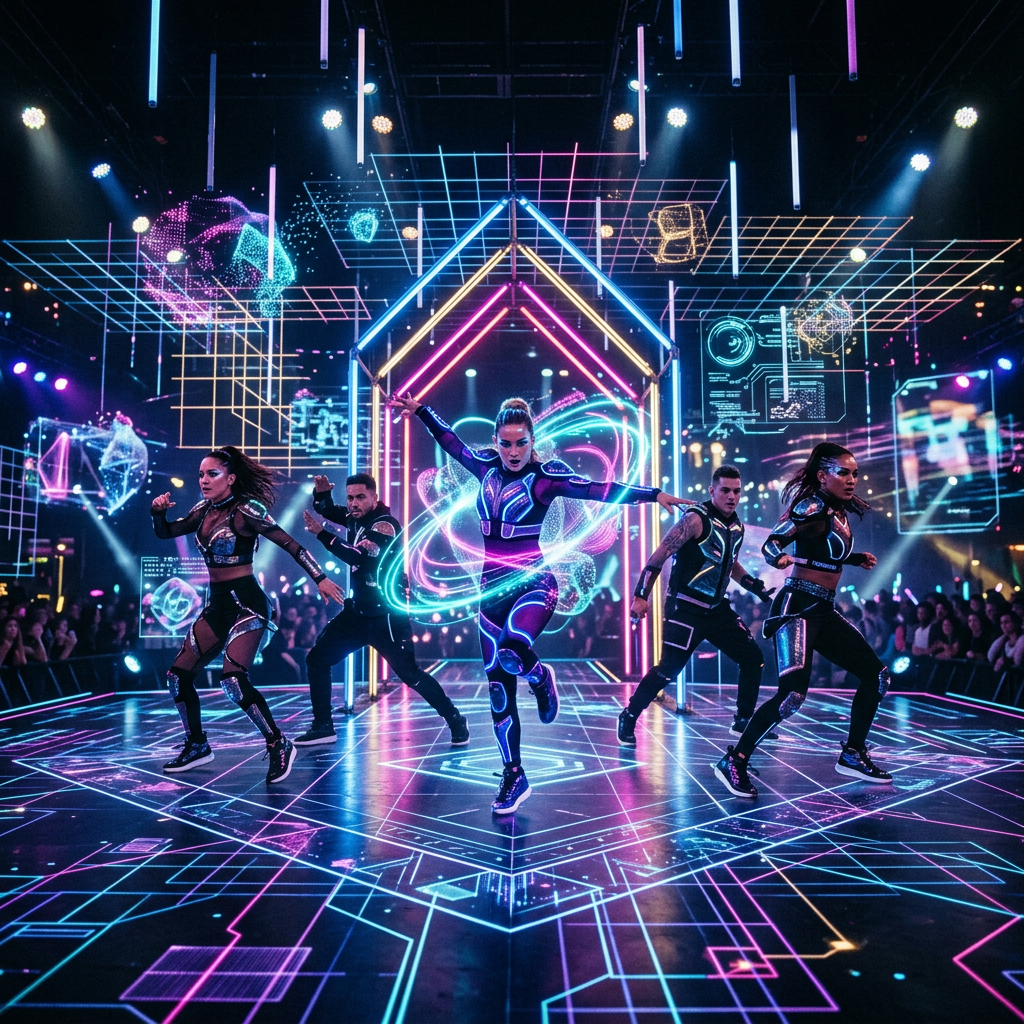 Five dancers in futuristic neon outfits performing on a glowing stage with digital holograms and geometric light patterns