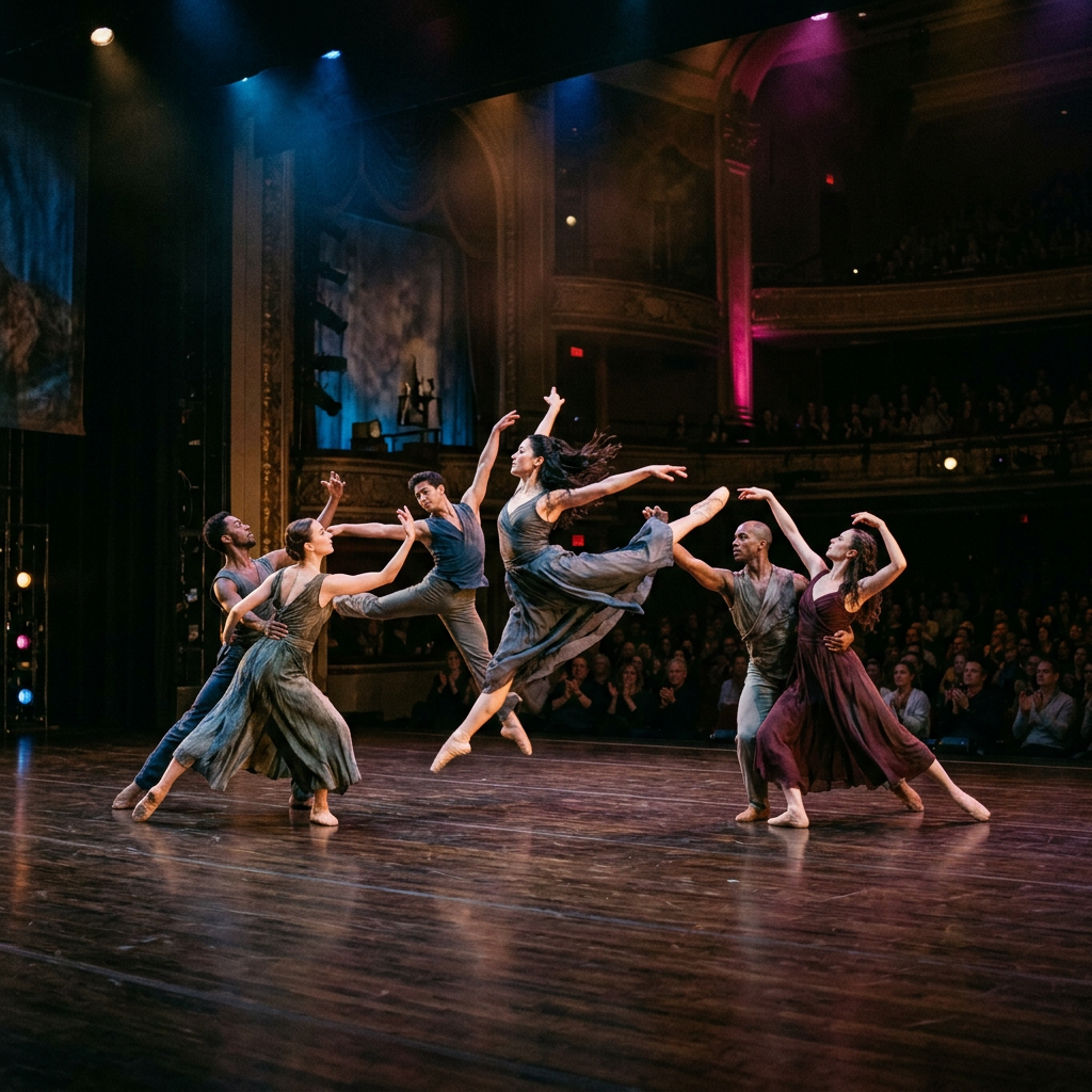 Six contemporary dancers performing on stage with dramatic arm and leg movements