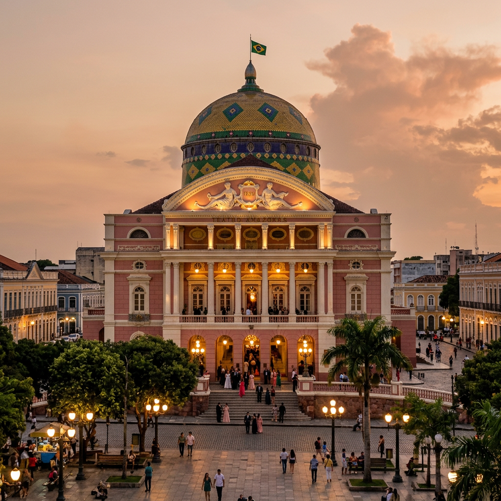 Amazon Theatre opera house with green and yellow dome illuminated at sunset with people walking outside