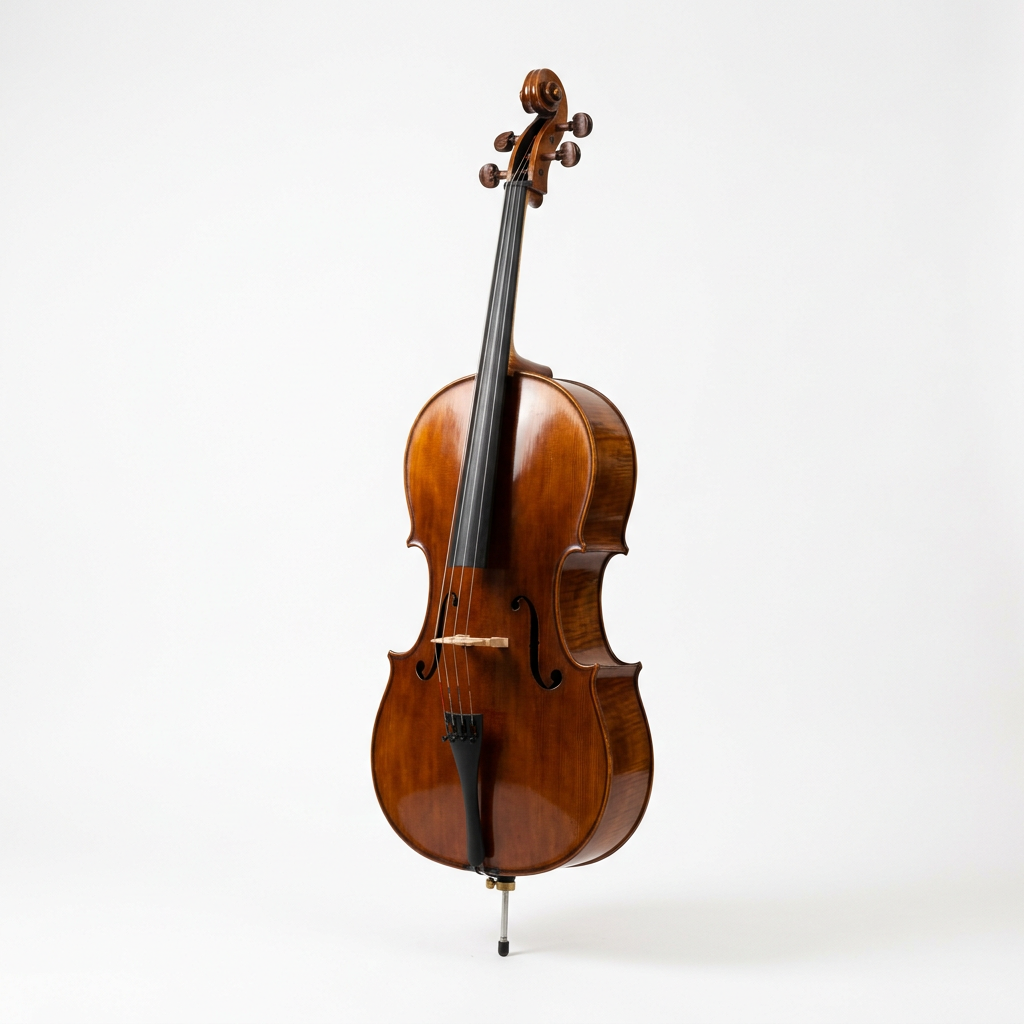 Full-size polished wooden cello with strings and bow attachment