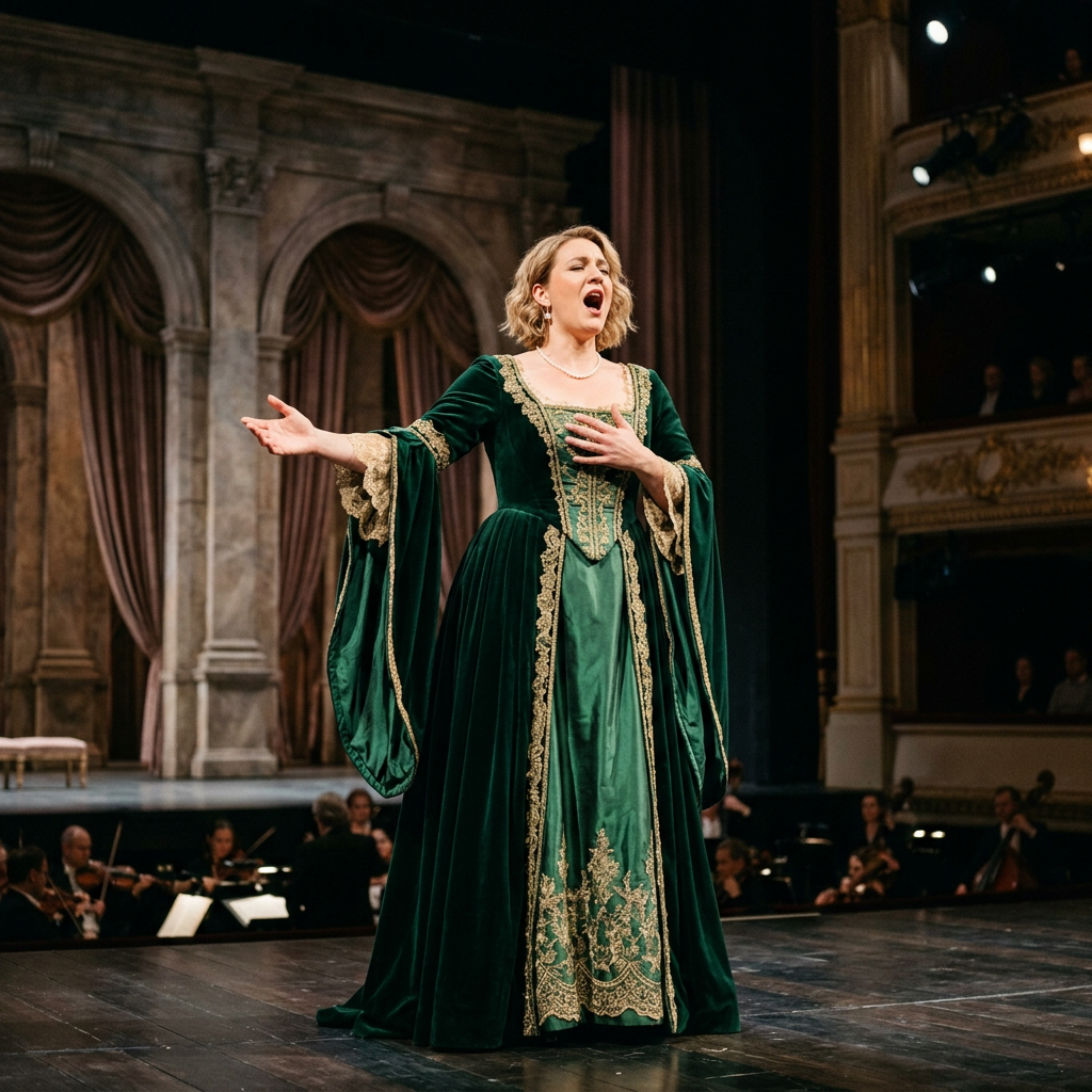 Soprano in green and gold period costume singing on stage with orchestra behind