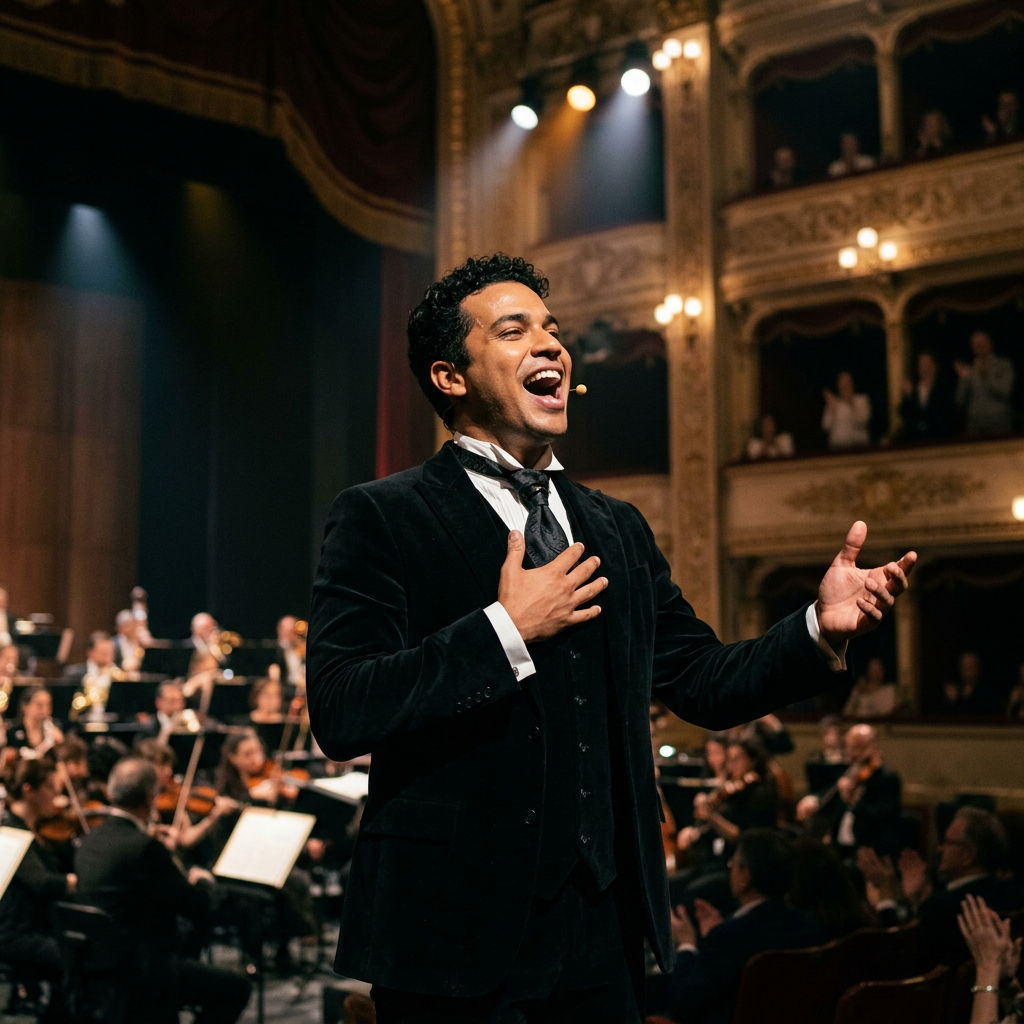 Male opera singer passionately performing on stage with orchestra and audience in elegant theater