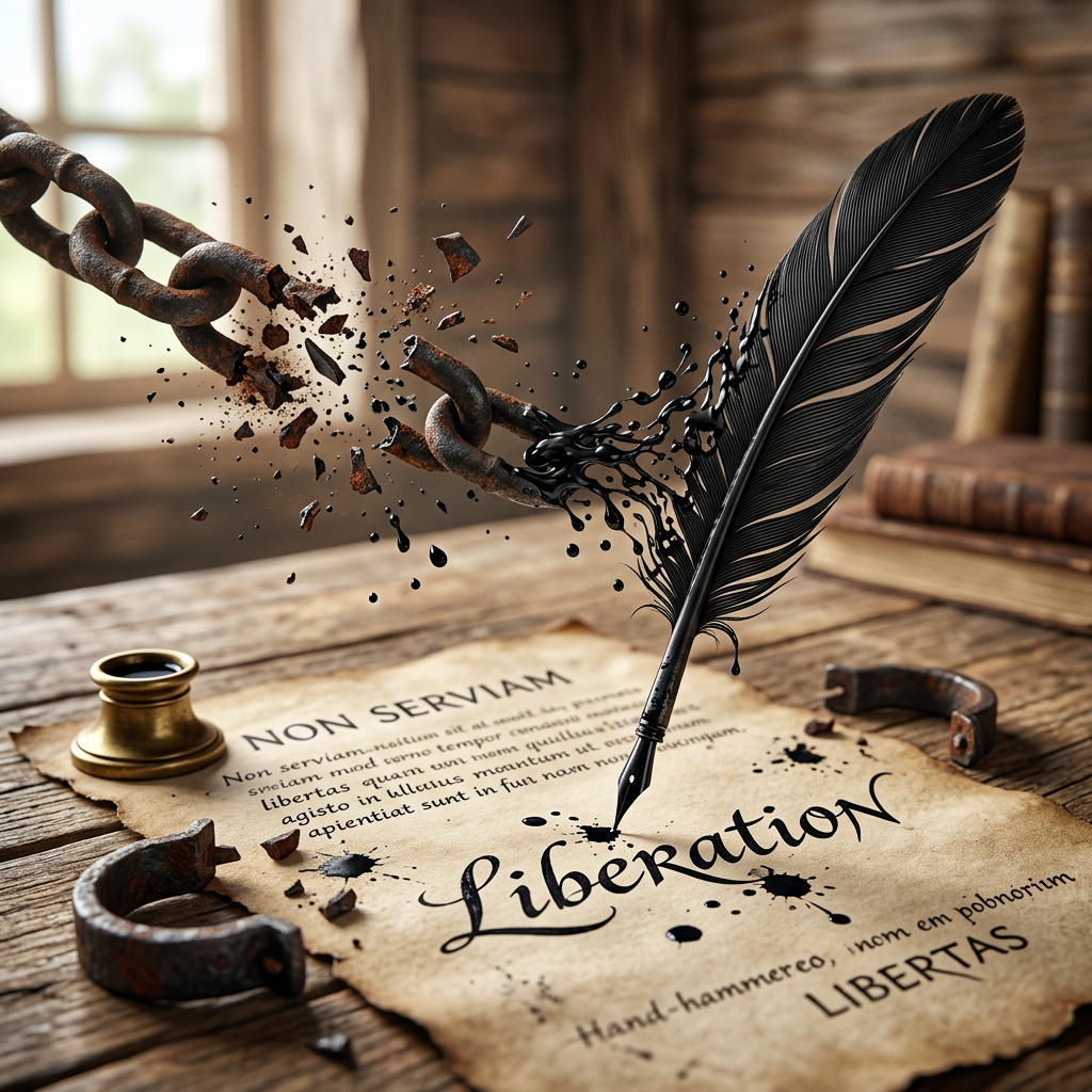 Rusty chain breaking with black ink splashes from a quill pen over parchment reading 'Liberation'