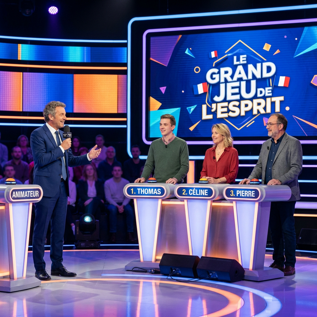 Host speaking to contestants Thomas, Céline, and Pierre on Le Grand Jeu de l'Esprit quiz show set