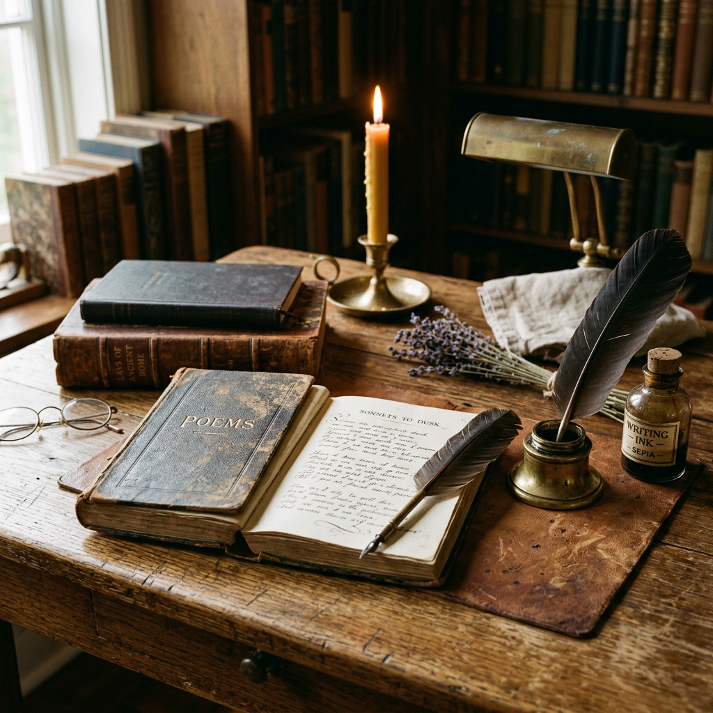 Open poetry book with quill pen on wooden desk surrounded by antique books, inkwell, and candlelight