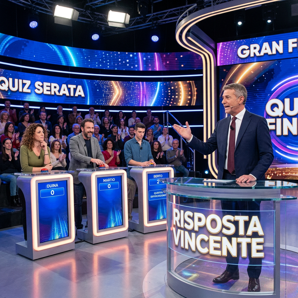 Three contestants and a host on the set of an Italian quiz show Risposta Vincente