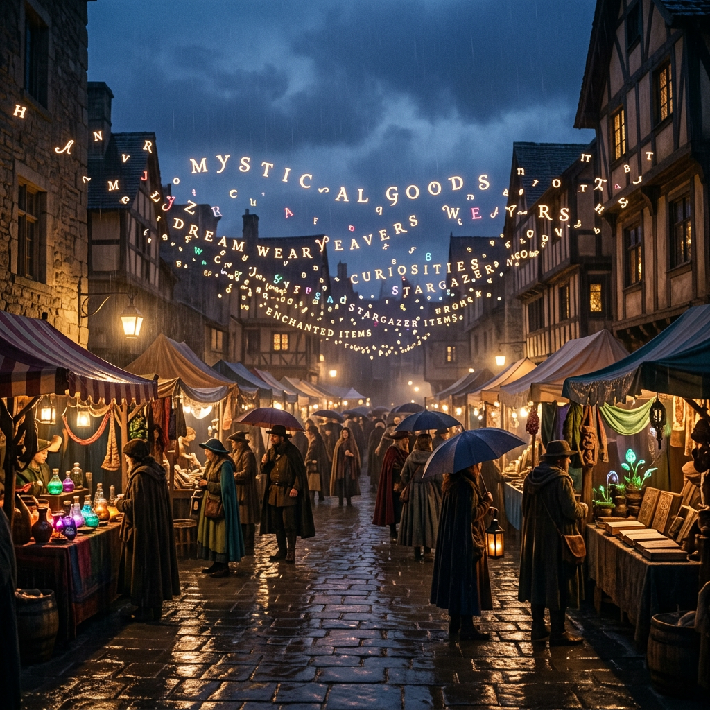 Crowded medieval market street at night with colorful stalls, people under umbrellas, and floating magical letters overhead