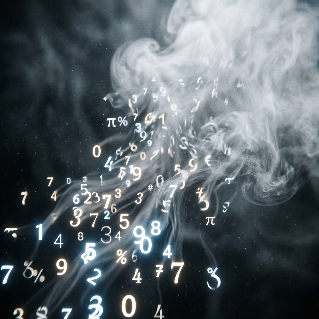 Glowing numbers, mathematical symbols, and percentages flowing and swirling in misty vapor