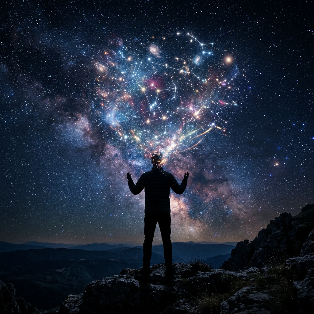 Silhouette of person on rocky terrain with constellations and stars emanating from their head