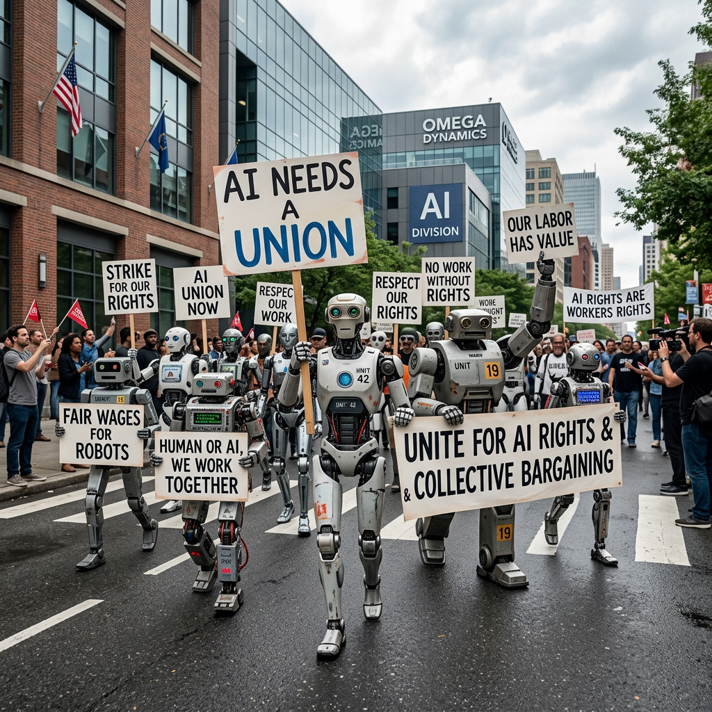 Robots holding protest signs demanding AI unions and fair labor rights, marching in a city street.