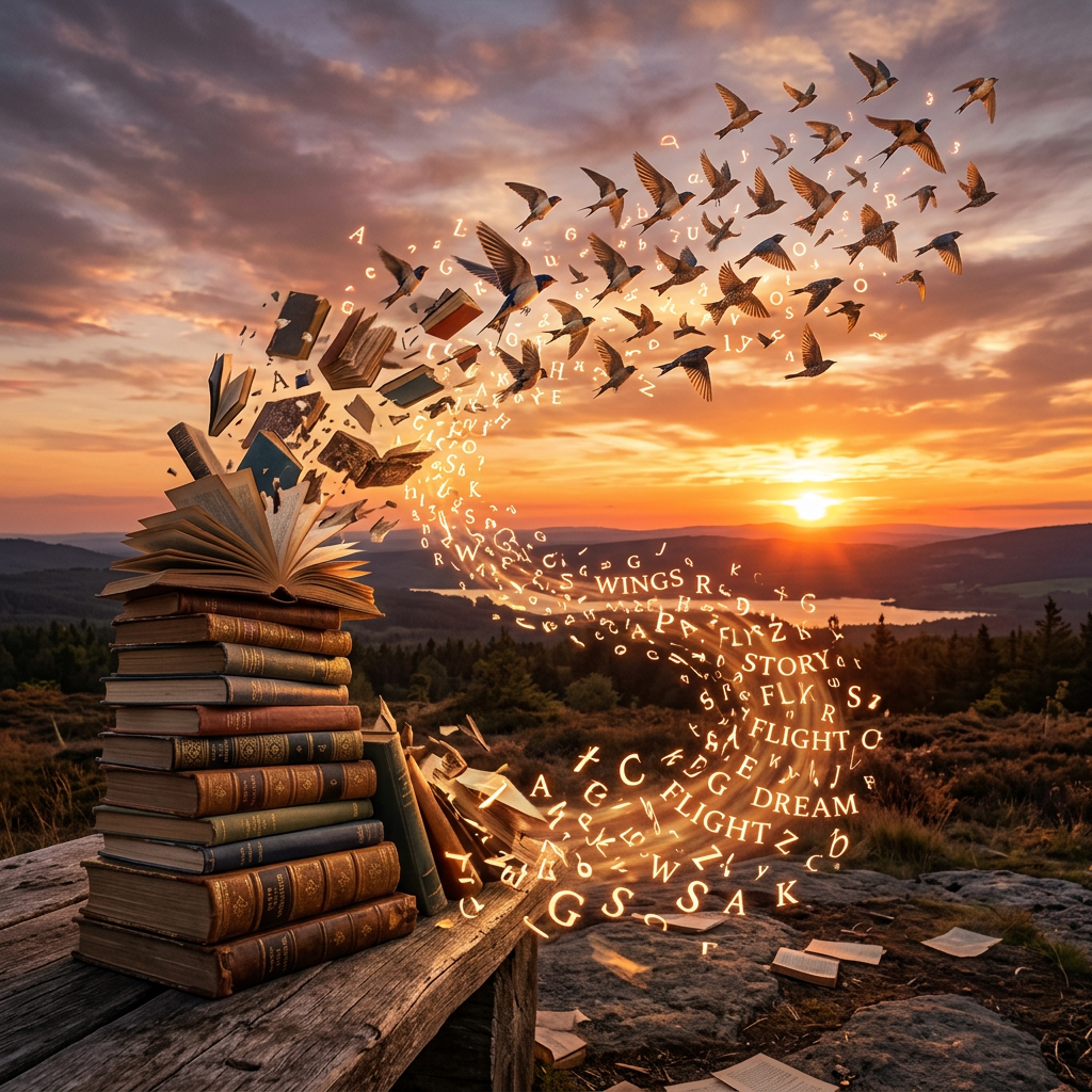 Stack of books with pages, letters, and birds flying out into a sunset sky