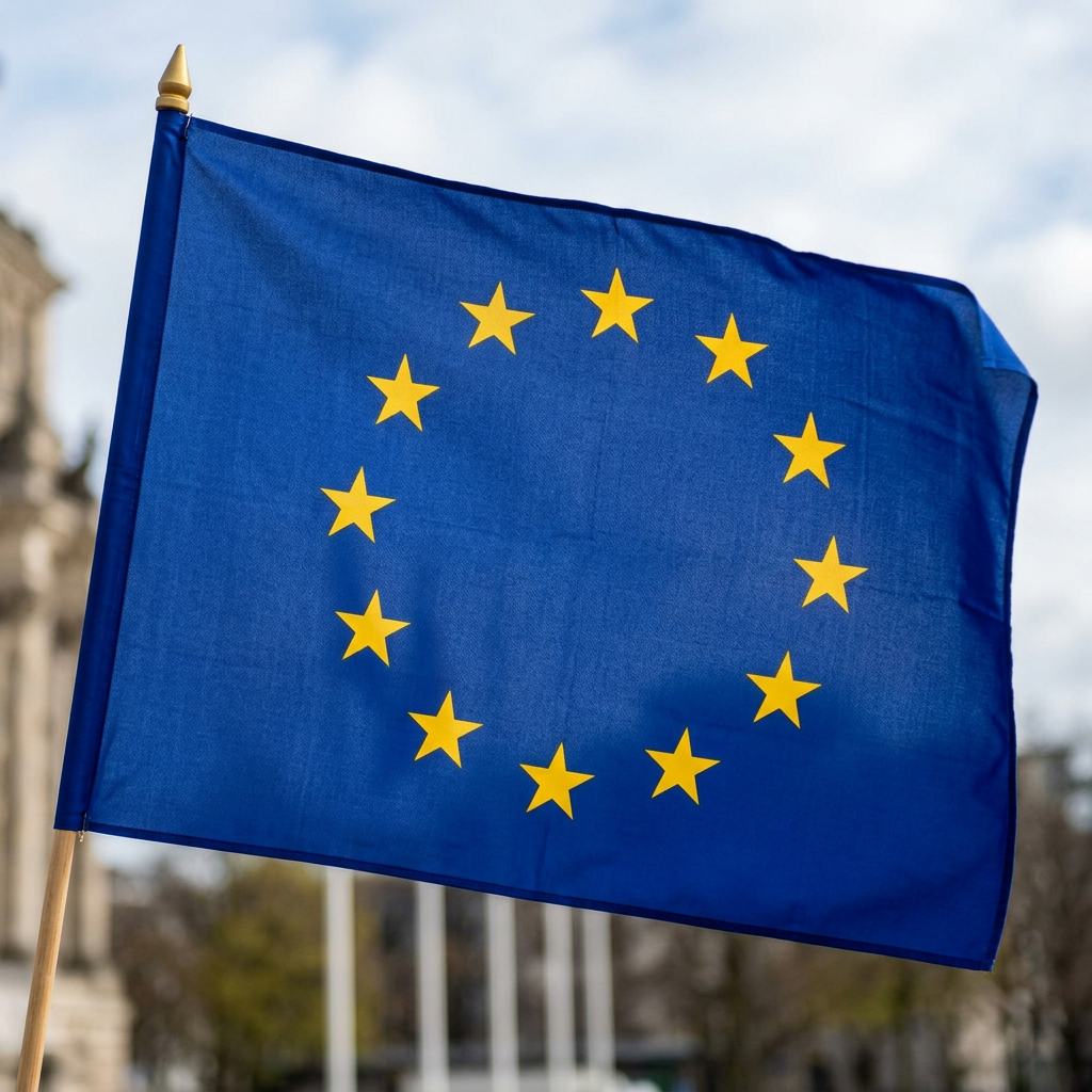Blue flag with twelve yellow stars arranged in a circle representing the European Union