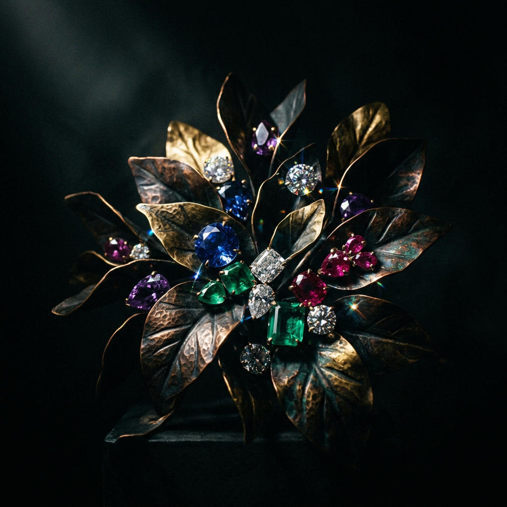 Intricate brooch with gemstones on dark metallic leaves