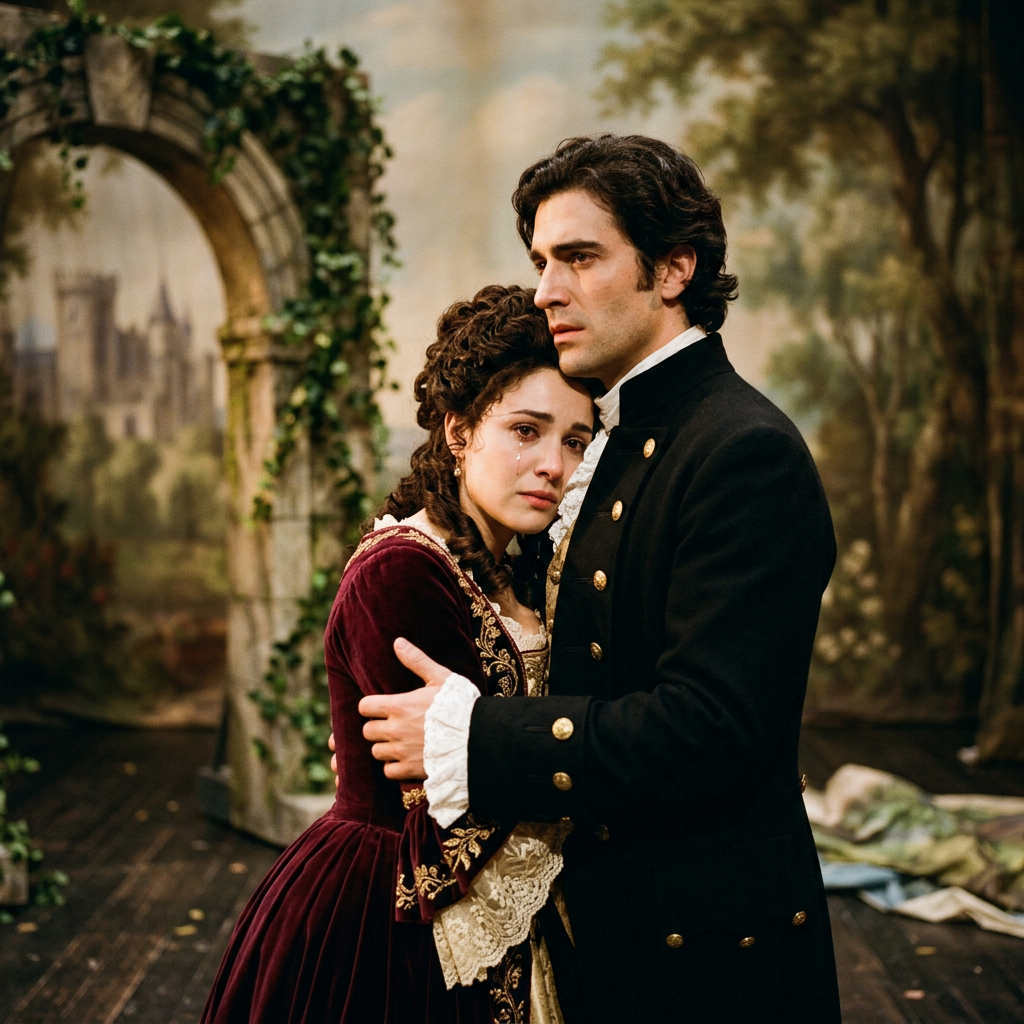 Man and woman in 18th century attire holding each other, woman crying