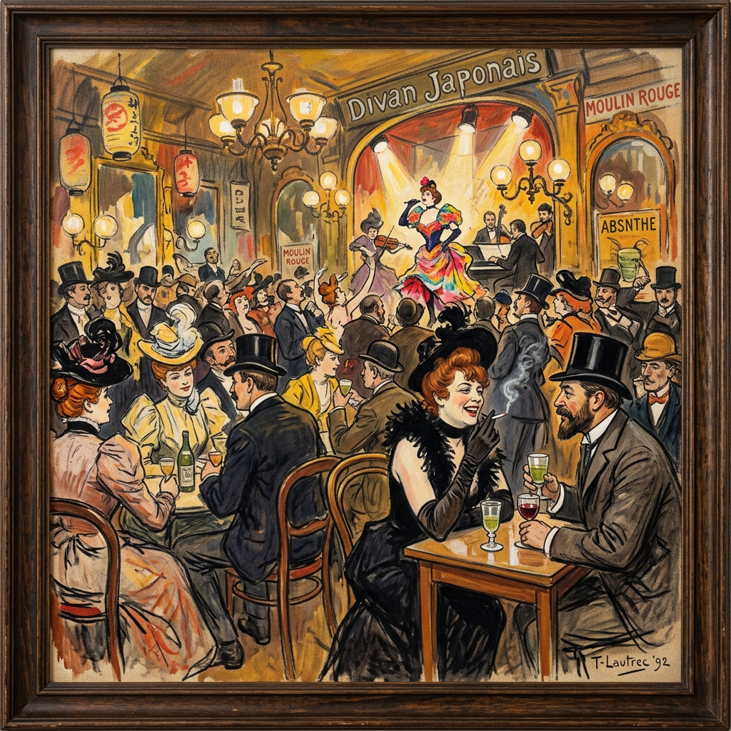 Lively indoor cabaret scene with singer, musicians, and patrons in period attire