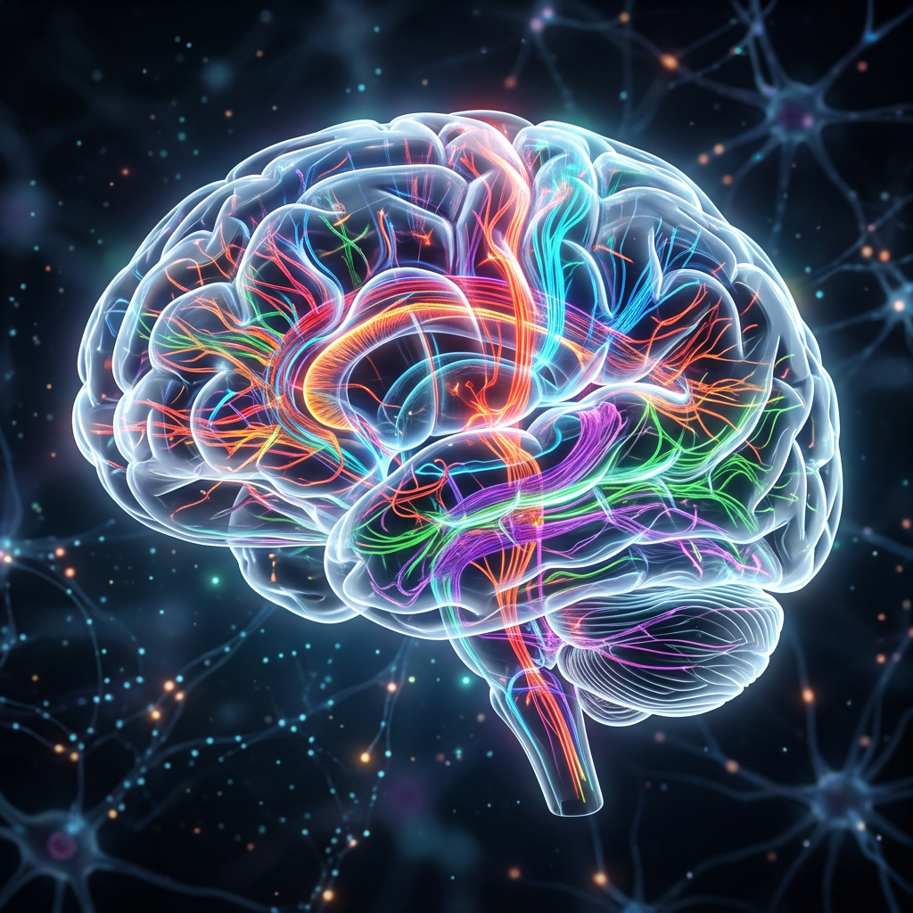 3D brain illustration highlighting colorful neural pathways and connections