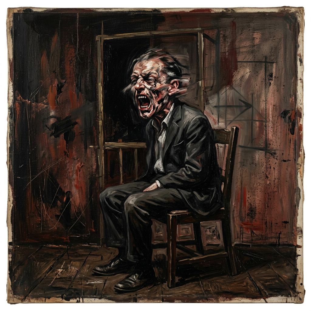 Man in suit seated on a wooden chair screaming with a distorted face inside a dark, textured room.