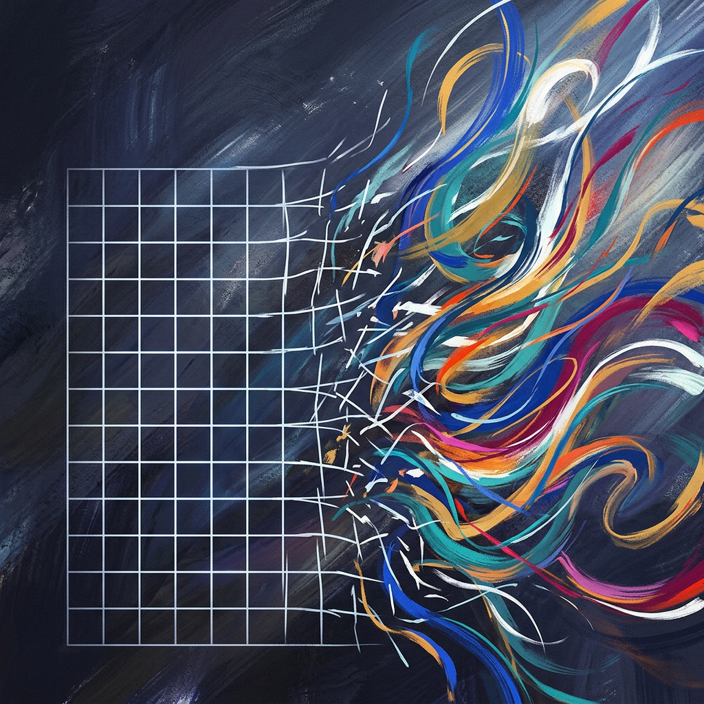 Grid pattern dissolving into swirling colorful ribbons on dark background