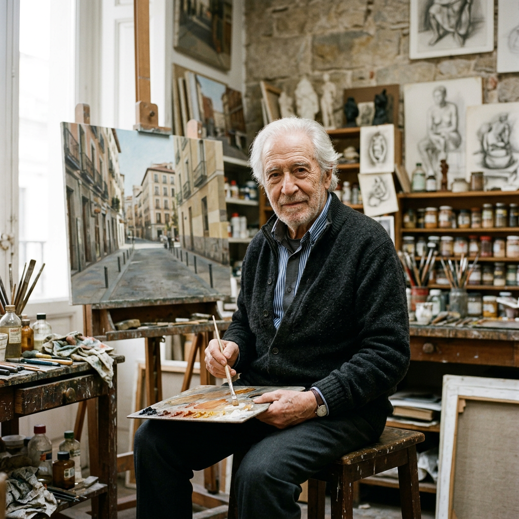 Elderly man painting an urban street on canvas in an art studio