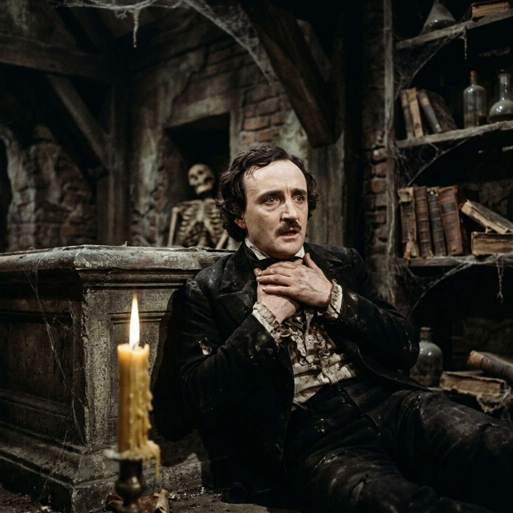 Man in 19th-century attire clasping his neck sitting by stone coffin with skeleton and bookshelves nearby
