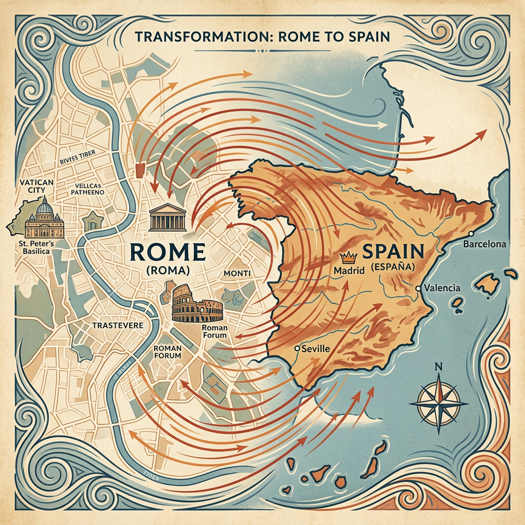 Map illustrating cultural transformation from Rome to Spain with arrows between cities