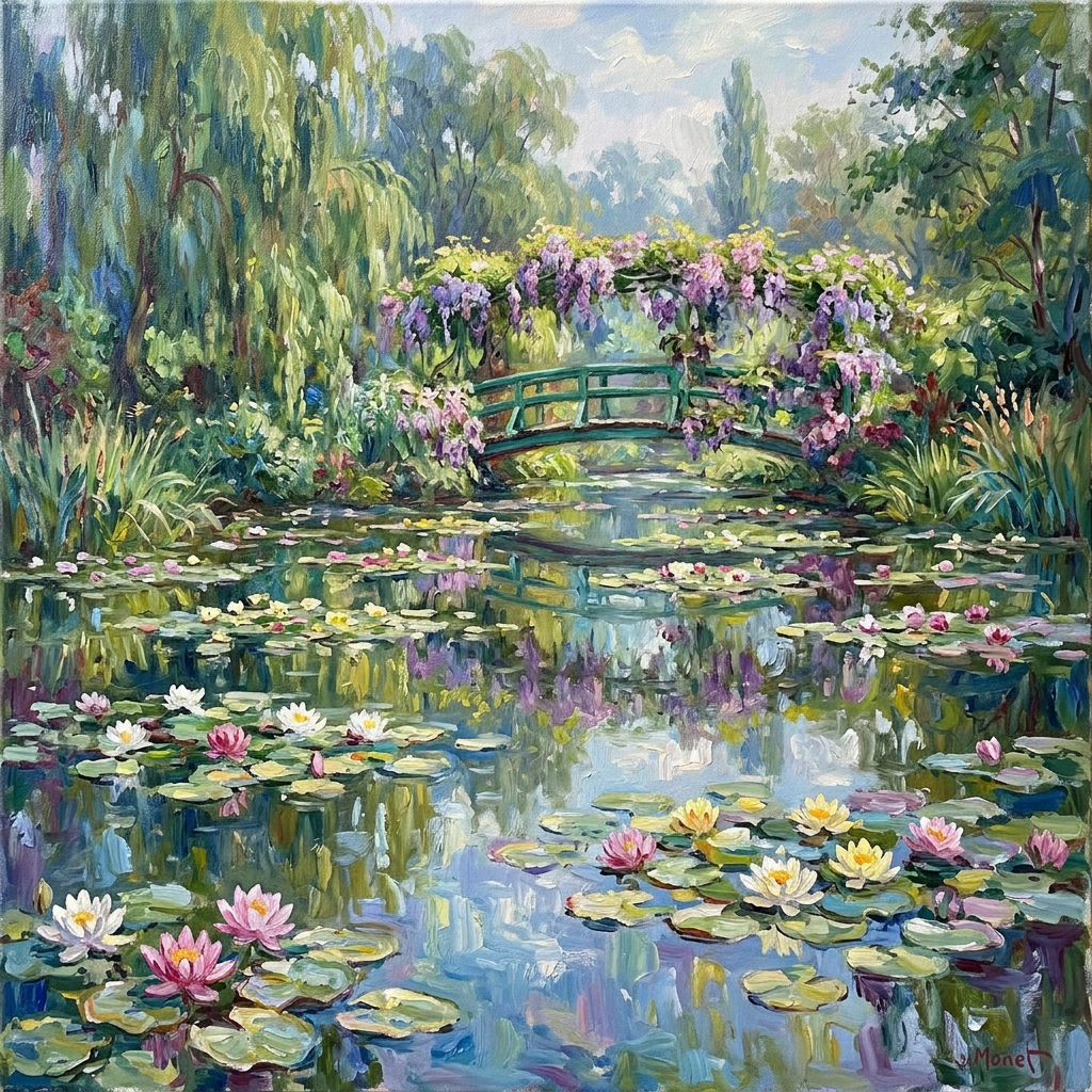 Oil painting of water lilies floating on a pond beneath a green wooden bridge adorned with purple flowers