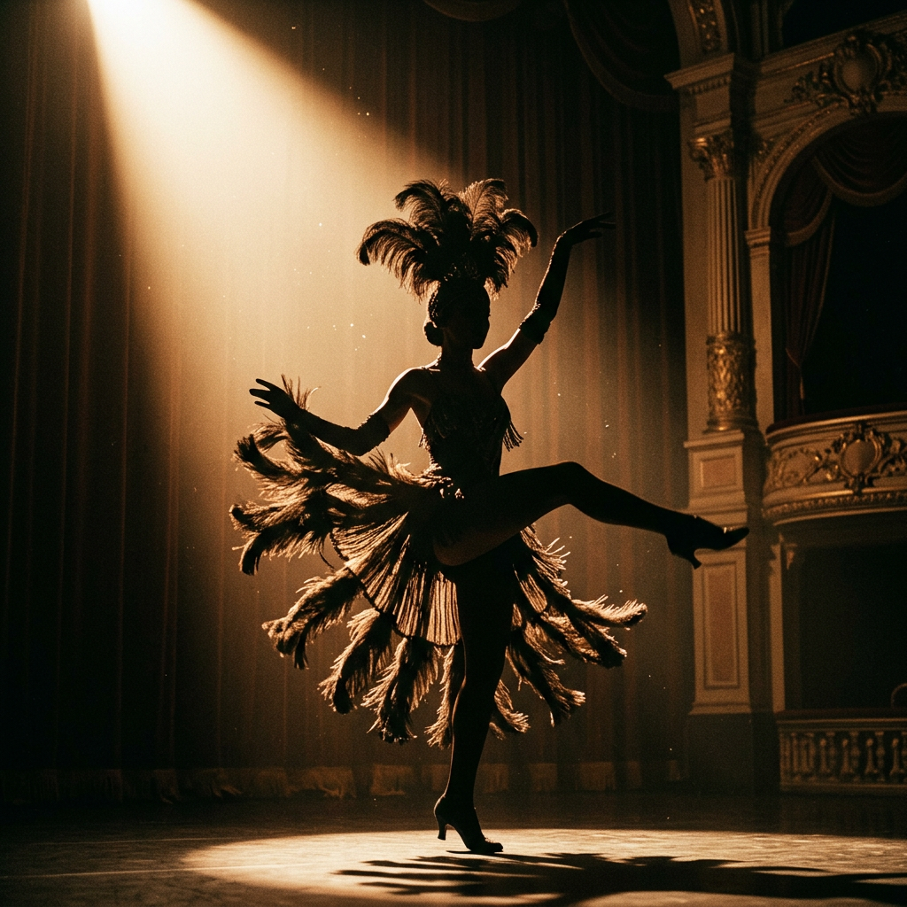 Silhouette of a dancer in feathered costume raising one leg and arms on a theater stage