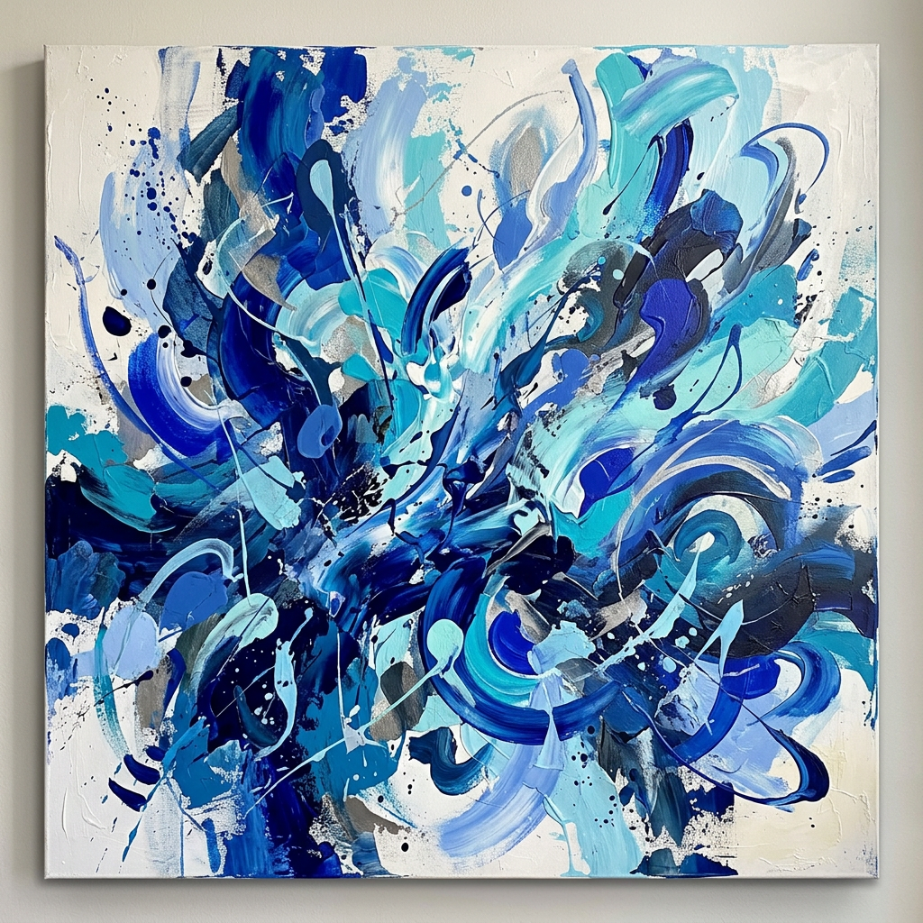Abstract painting with dynamic swirls and splashes in various shades of blue on white background