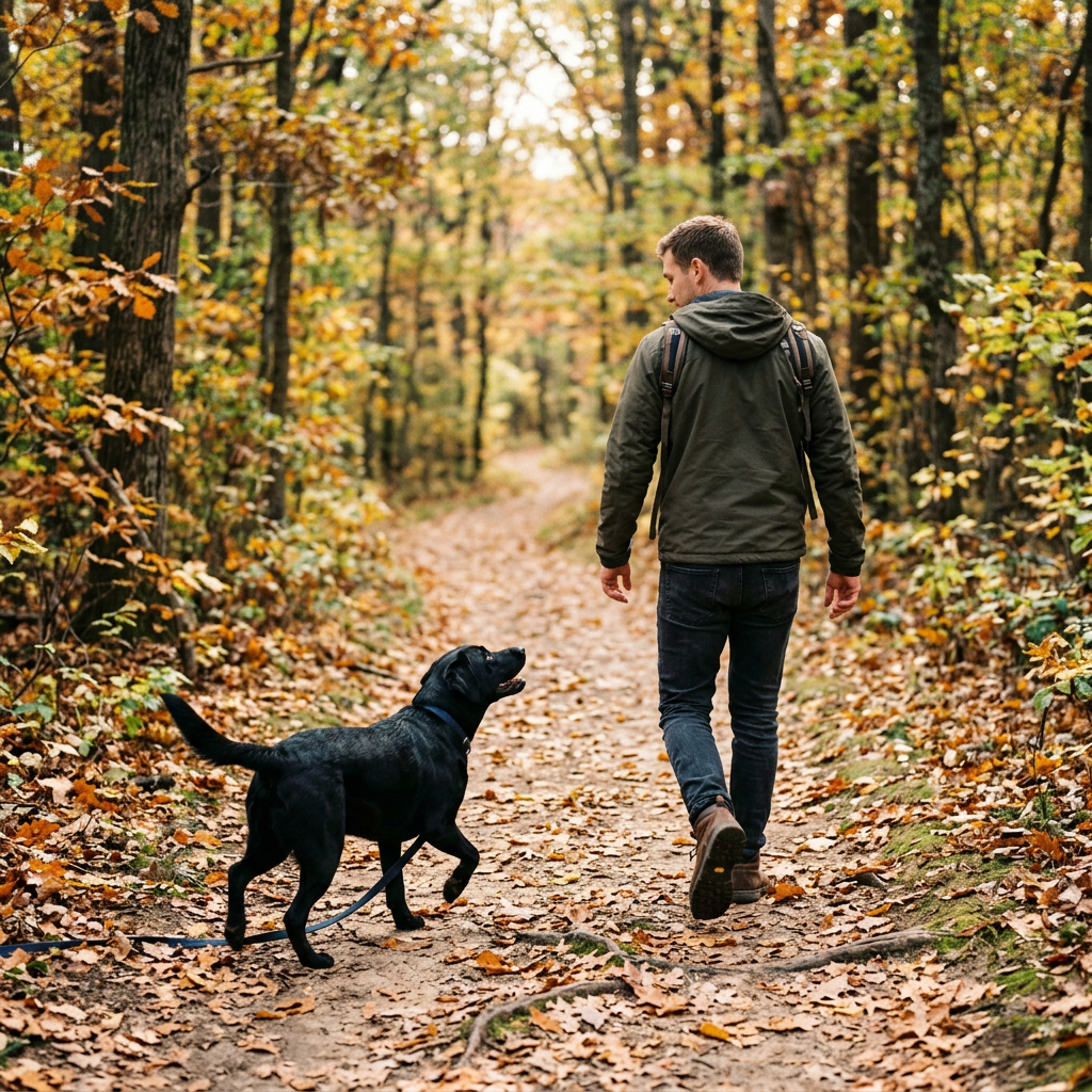 Man walking a black dog on a forest trail covered with fallen leaves