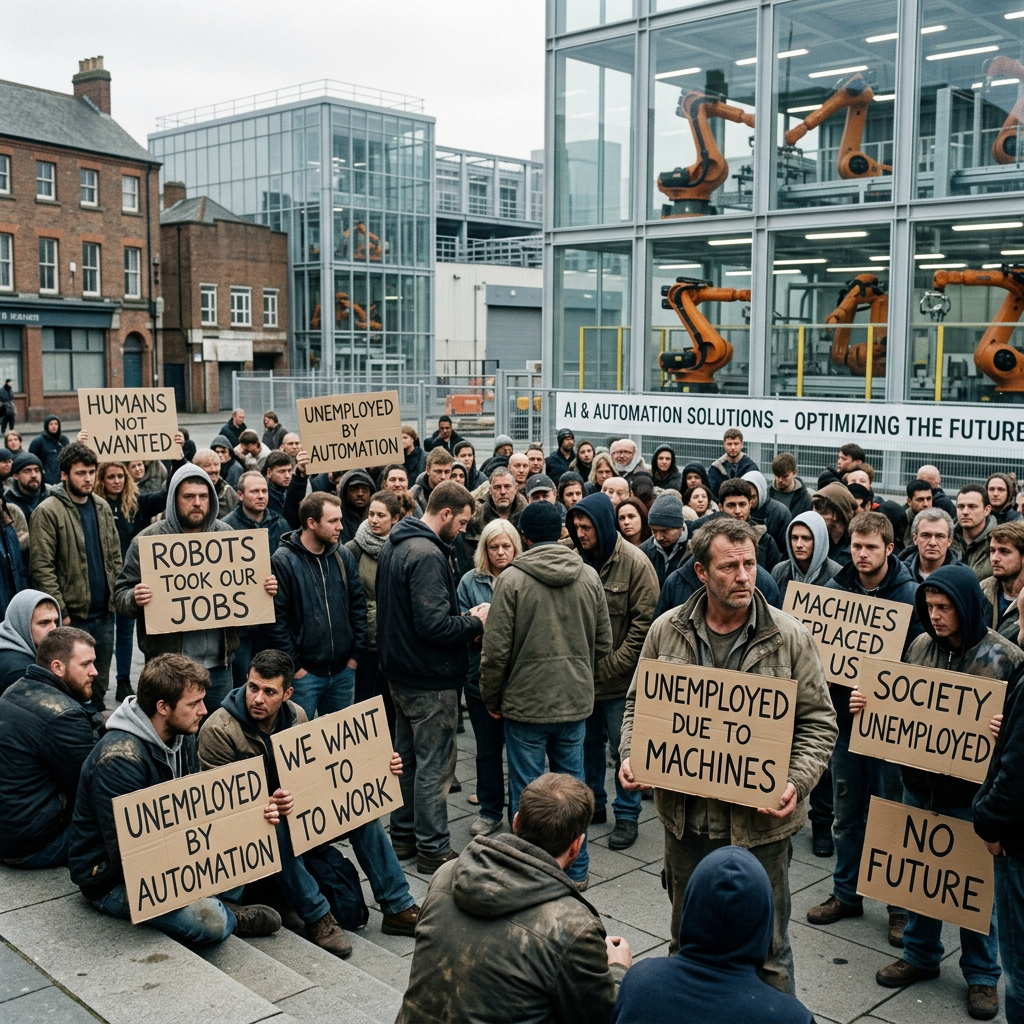 Crowd protesting job loss to automation outside a robotics facility