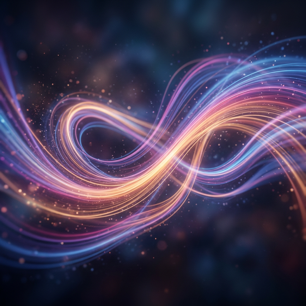 Curved flowing light trails in pink, purple, and blue on dark background